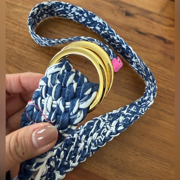 Lilly Pulitzer Woven Belt Braid Silver D Ring Cotton Size Large navy And White main image 4